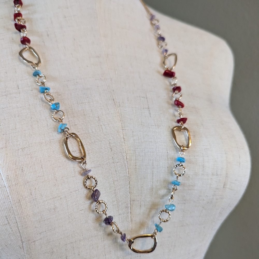 Bancroft NWT rainbow purple red and blue long necklace with gold accents vintage